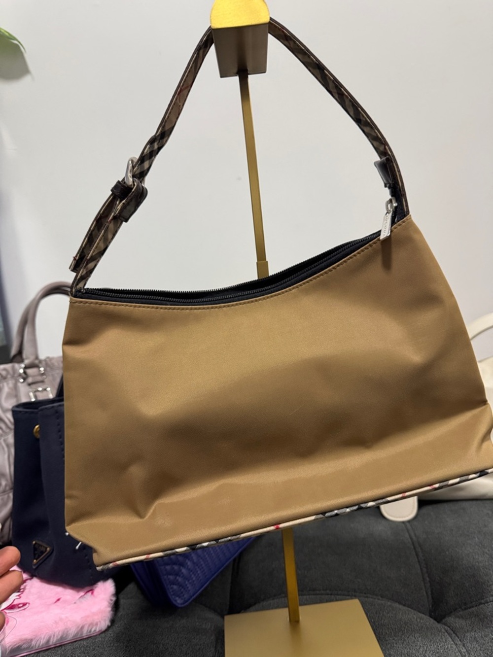 Women’s Tan Shoulder Bag with Patterned Strap